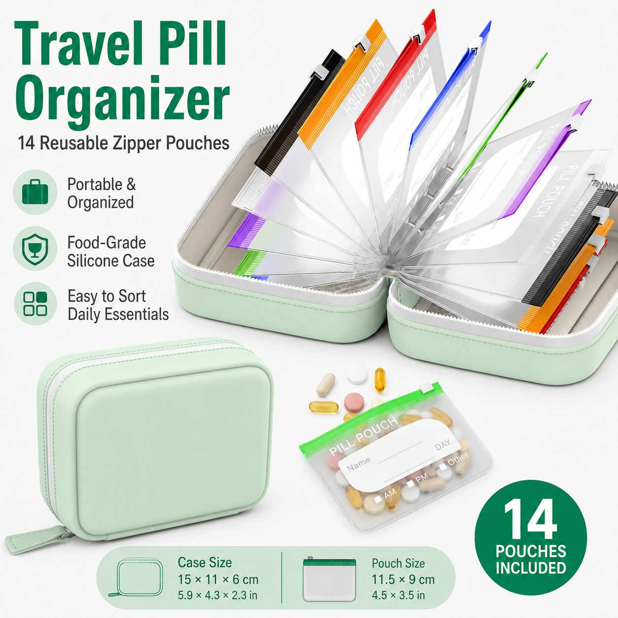 Travel Pill Organizer with 14  - Food Pouch Reusable review and price